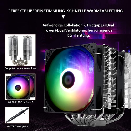 Delta A40 ARGB CPU-luchtkoeler met ARGB-functie, 120 mm PWM-ventilator met hydraulische lagers en geluidsarme werking, 4 koperen heatpipes, CPU-ventilator voor AMD AM4/AM5, Intel LGA 115X/1200/1700