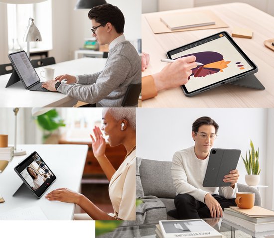 Collage van mensen die iPads gebruiken in verschillende situaties: op kantoor, tekenend, videobellend en ontspannend op de bank.