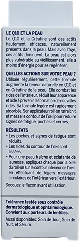 Verpakking met informatie over NIVEA Q10 PLUS anti-rides roll-on oogroller. Met uitleg over de ingrediënten en werking.