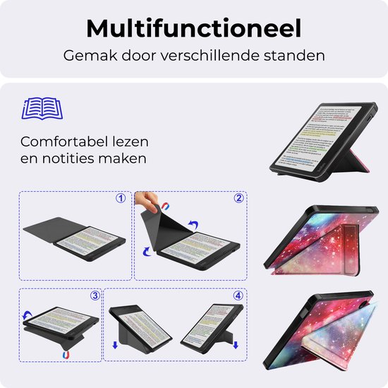 Hoesje Geschikt voor Kobo Libra Colour Hoesje Luxe Bescherm Case Trifold Met Screenprotector - Hoes Geschikt voor Kobo Libra Colour Hoes Book Cover - Galaxy van Hoesje  — afbeelding 4