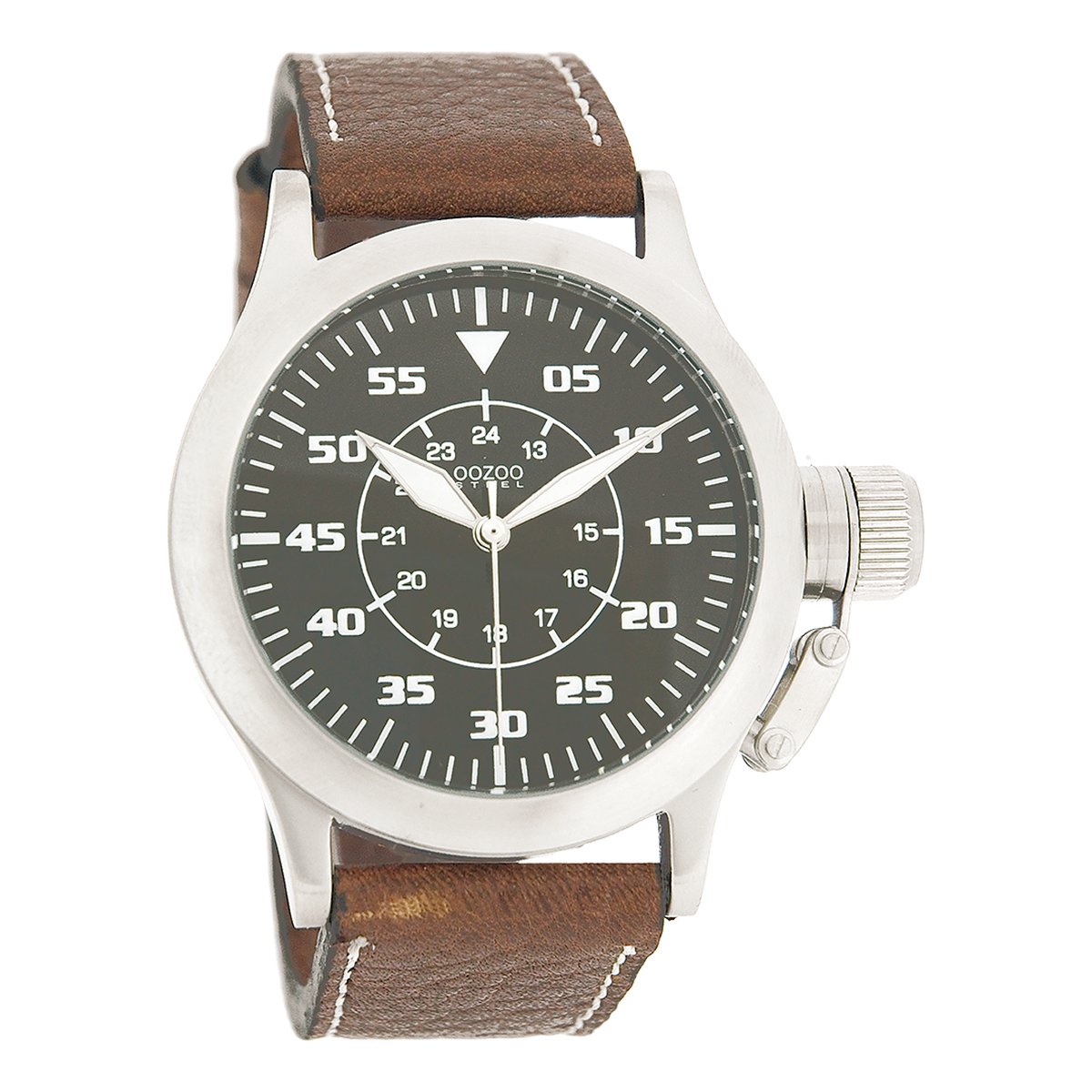 OOZOO Timepieces - Zilverkleurige horloge met bruine leren band - OS033