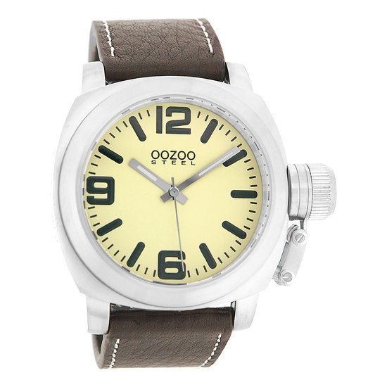 OOZOO Timepieces - Zilverkleurige horloge met bruine leren band - OS020