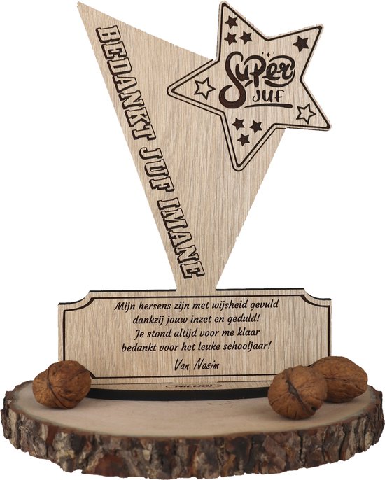 Juf Bedankt Cadeau Gepersonaliseerd | Geschenk om Lerares te Bedanken | Bedankje Juffrouw | Kaart van Hout | Einde Schooljaar Award | 17.5 x 25 cm