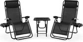 3-delige ligstoelset, inklapbare ligstoel met verstelbaar hoofdkussen en rugleuning, relaxstoel voor lunchpauze met bijzettafel en bekerhouder, ergonomisch en ademend, zwart