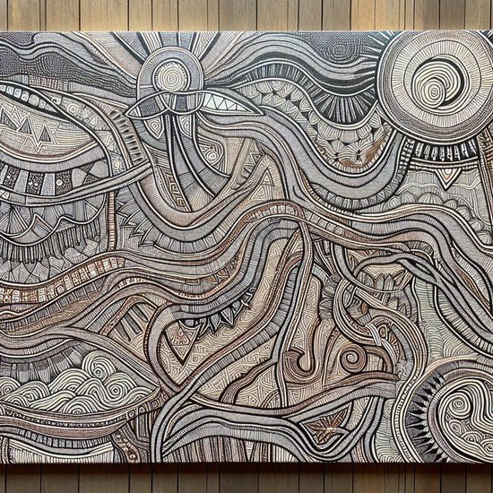 Line art aboriginal schilderij | Inheemse lijnen: inspiratie uit de Aboriginal kunsttradities | Kunst - 100x100 centimeter op Canvas | Foto op Canvas