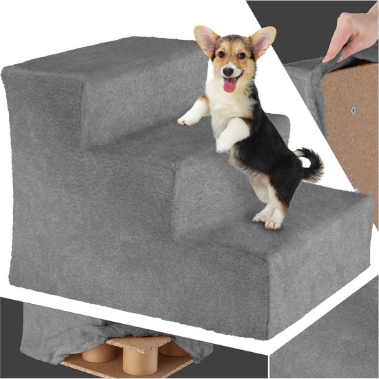 tectake® Escalier pour chien ou chat, escalier pour animaux de compagnie, aide à l'entrée avec housse lavable, escalier extra plat, escalier pour animaux de compagnie pour canapé, lit ou voiture (gris, 37 x 45 x 34,5 cm)