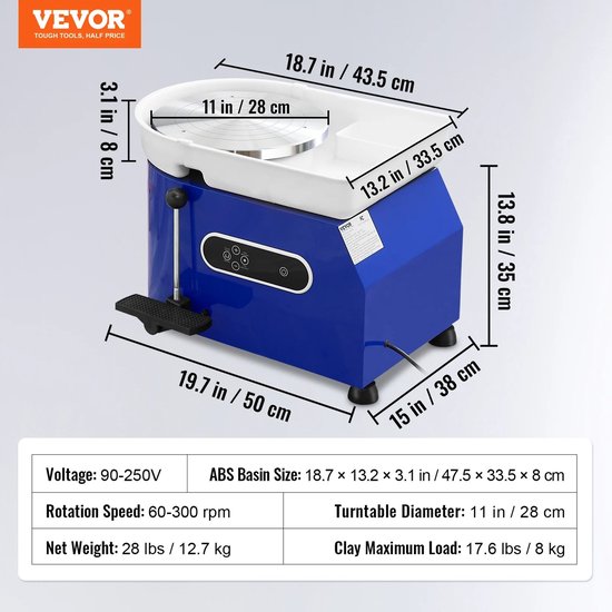 VEVOR Pottenbakkersschijf, 25 cm pottenbakkersmachine, 350 W, elektrische pottenbakkersschijf met pedaal en lcd-touchscreen, keramische schijf met directe aandrijving, met 3 steunpoten voor