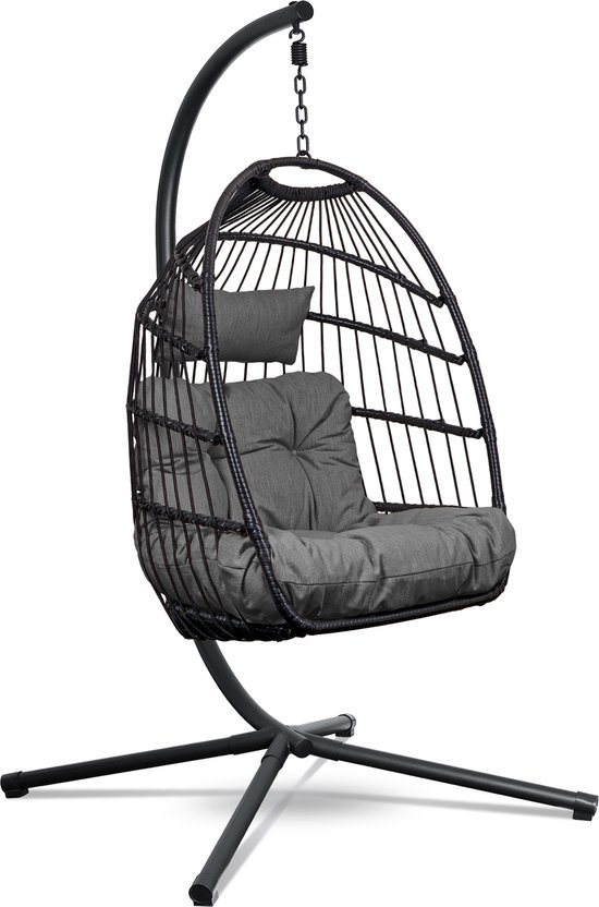 Swoods Egg Hangstoel – Hangstoel met standaard – Egg Chair – tot 150kg – Inclusief Beschermhoes - Zwart/ Donkergrijs