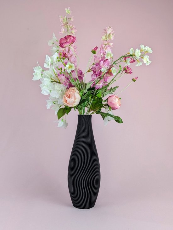 Zijden bloemen boeket - 80cm hoog - Kunstboeket "Blooming Pink" met design 3D geprinte vaas - nep bloemen veldboeket - Kunstbloemen kant-en-klaar gebonden inclusief luxe vaas - Duurzaam roze zijdenbloemen boeket met 3D print vaas