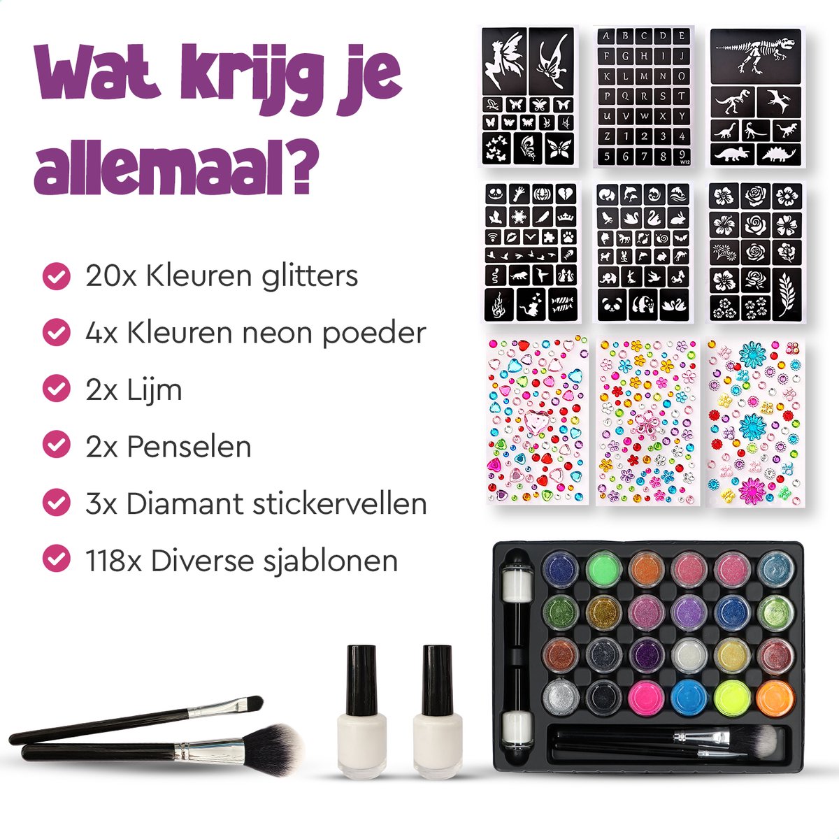 Partizzle Compleet Bio Glitter Tattoo Set - Meisjes / Jongens - Schmink Sjablonen, Lijm en Penselen - Gezicht Nep Neon Tattoos Knutselpakket - Festival - Kerst Cadeau / Knutselen voor Kinderen - 24 Kleuren / Biodegradable — afbeelding 9