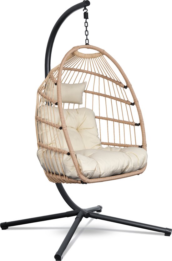 Swoods Egg Hangstoel – Hangstoel met standaard – Egg Chair – tot 150kg – Inclusief Beschermhoes - Natural