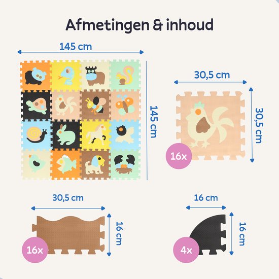 Speelmat Baby XXL – Puzzelmat – Opvouwbaar – Speelkleed - Speelmat Foam Tegels met hek – Dieren - Incl. Opbergtas