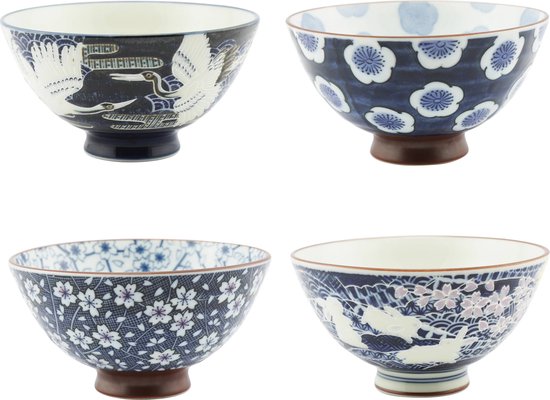 Foto: Cadeau set van 4 japanse rijstkommen blauw wit met bloemen print 12 5 x 7 cm