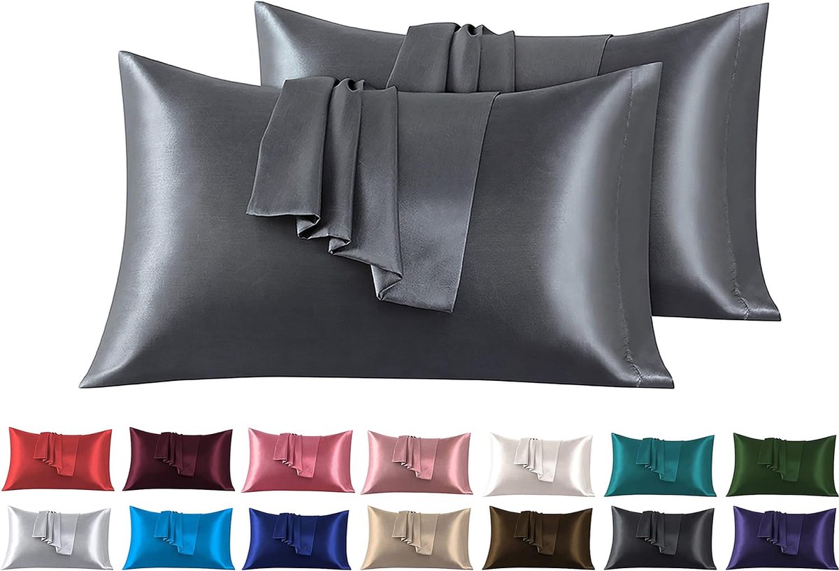 Azalia Set van 2 Satijn kussenslopen 50 x 75 cm , Zacht en Zijdig Bed Kussen Kussen Kussen Donkergrijs, Envelop Sluiting, Anti-mijt en Hypoallergeen, Haar en Huid Bescherming tegen rimpels
