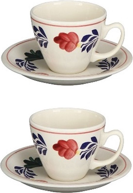 Set van 2 witte Boerenbont kop en schotels met rode bloemen en blauwe bladeren.