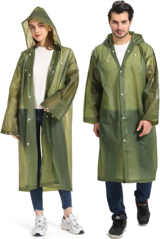 Foto: Regenjas set van 2 stuks regenponcho met capuchon unisex voor dames heren waterdicht fietsponcho lang model regenpak volwassenen regen poncho jas groen