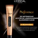 Gouden tube L'Oréal Préférence met tekst over glanzende kleur op zwarte achtergrond.