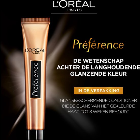 Gouden tube L'Oréal Préférence met tekst over glanzende kleur op zwarte achtergrond.