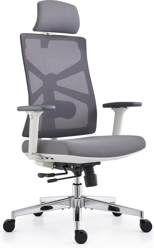 Ergonomische bureaustoel met adaptieve rugleuning, hoge rugleuning computerbureaustoel met 4D-armleuningen, verstelbare zitdiepte, lendensteun en 2D-hoofdsteun, draaibare taakstoel, wit