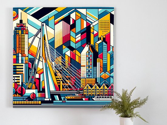 Modern rotterdam schilderij | Rotterdamse skyline: een moderne artistieke weergave van de stad | Kunst - 100x100 centimeter op Canvas | Foto op Canvas