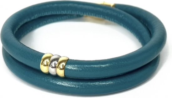 Nieuw! Jolla - dames armband zilver - leer - magneetsluiting - bedels - tweekleurig - Golden Touch - Turquoise