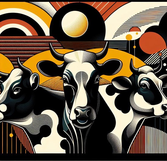 Modern koeien schilderij | Vernieuwend Boerderijdieren Meesterwerk: Hedendaagse Interpretatie van Klassiek Thema | Kunst - 100x100 centimeter op Canvas | Foto op Canvas