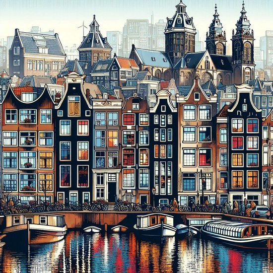 Gekleurde Amsterdams grachtenpandjes met boten, kunstwerk op canvas.