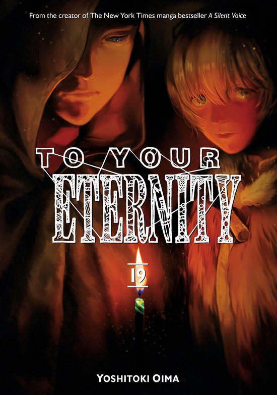 Page de titre de 'To Your Eternity 19'. Un homme aux vêtements sombres et une femme aux cheveux blonds regardent intensément. Une bougie allumée avec le chiffre 19 est visible.