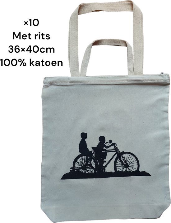 Katoenen Tas - Tote Bag - Naturel - 270gr katoenen - 36x40x10cm - Met rits - 10 Stuks - Canvas Tas - Boodschappentas - Draagtas - Schoudertas & handtas - Duurzaam - Handig - Strandtas - Met de afbeelding van fietsende kinderen.