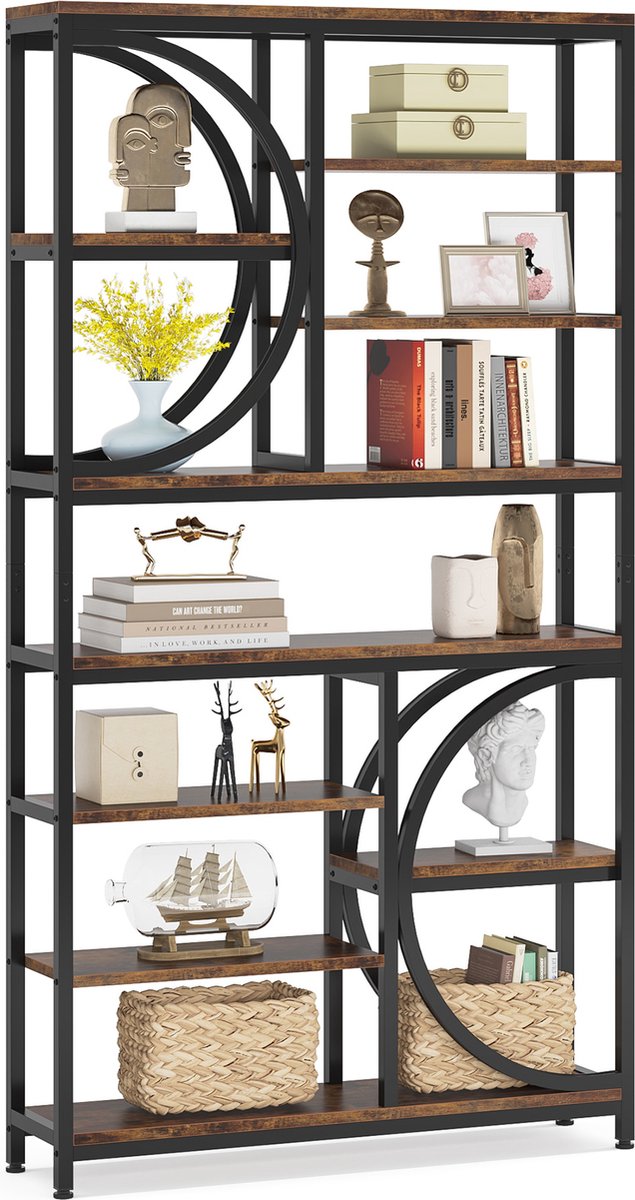 Tribesigns Boekenkast Boekenrek met 8 Planken Industrieel Spaanplaat Bruin Zwart 100 x 25 x 195 cm