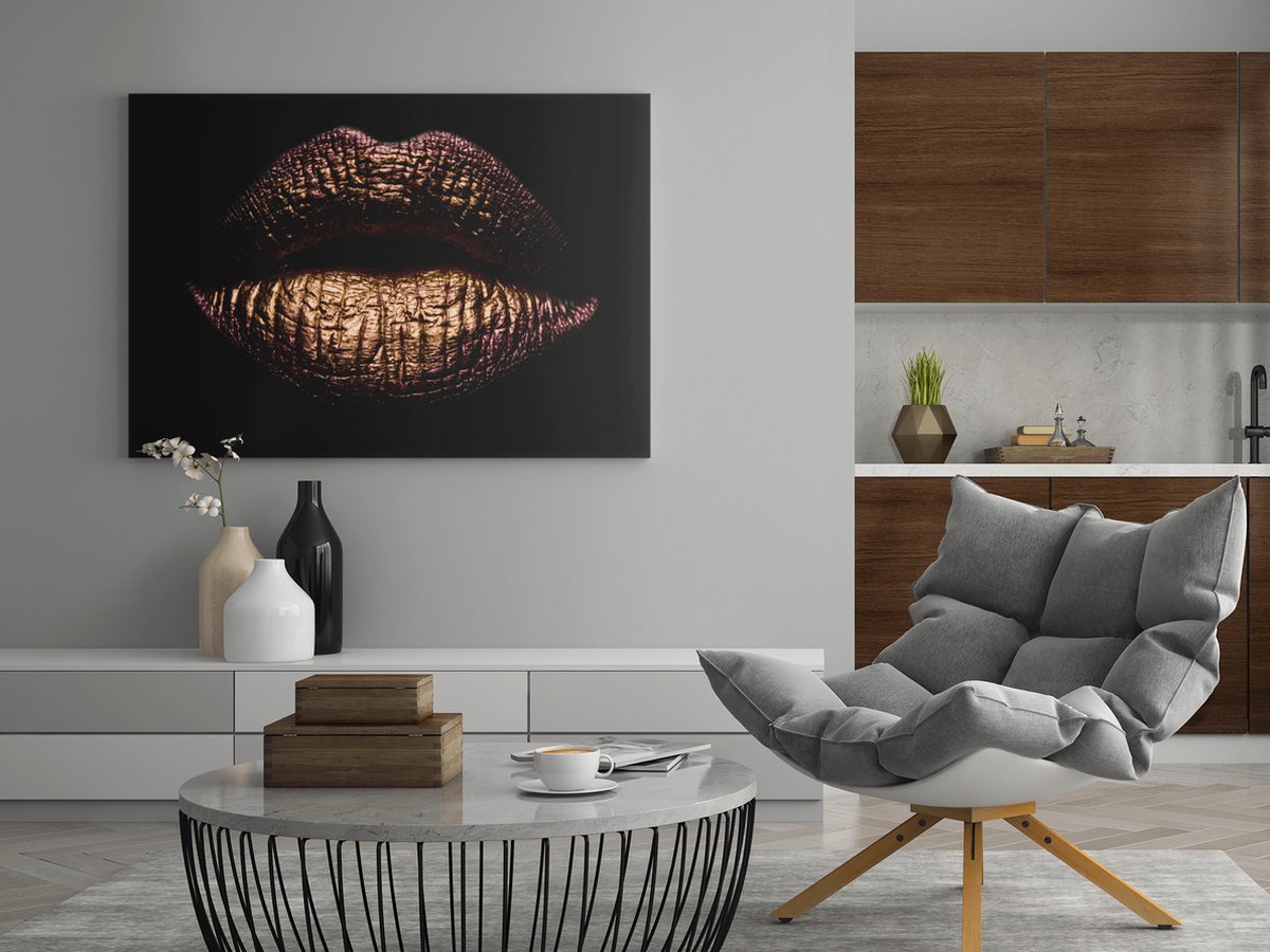 Trendex Global Canvas Schilderij - Vrouwelijk - Gouden Lippen -120x80x2 cm Zwart