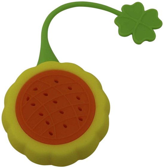 Theezeef in de vorm van een zonnebloem met een oranje rooster, een gele rand en een groen klavertje vier-vormig steeltje.