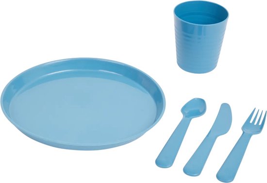 Foto: Picknick set 31 stukken blauw buiten eten bbq accesoires buitenkeuken vork mes lepel borden bekers