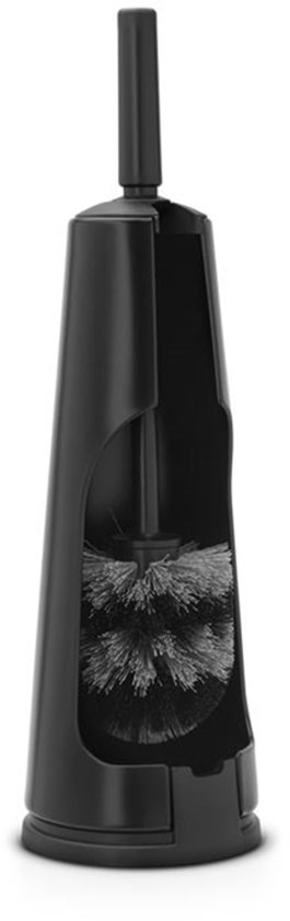Brosse à toilettes noire avec poils noirs, dans un support ouvert.
