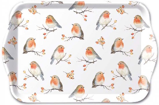 Wit dienblad met een patroon van zittende roodborstjes op takken met oranje besjes.