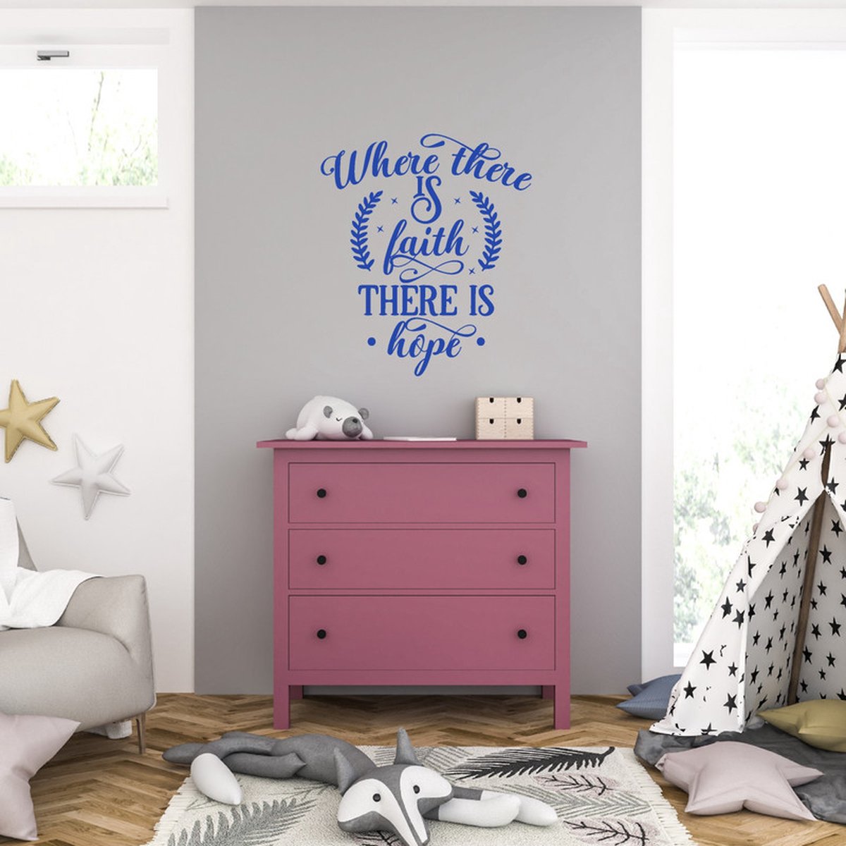 MC Living Muursticker - Where There Is Faith There Is Hope - 58 x 66 - Blauw