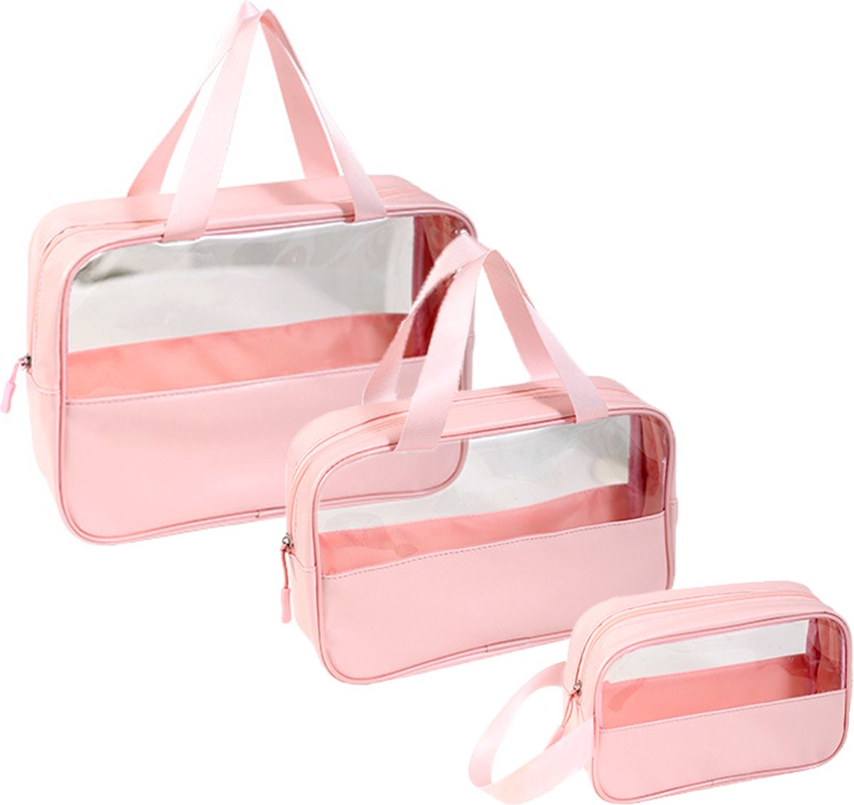 Rainbecom - Transparant toilettas set - Doorzichtige Reisset - set 3 stuks - Waterdicht - Cosmeticatas Organizer - Make-uptas - Reistas - Vliegtuig Handbagage - Ophangbaar - Vakantie - Reizen - Waterafstotend- Roze