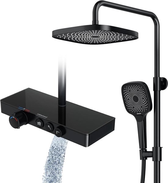 HOMELODY Douchesysteem met thermostaat en glazen legplank, zwart, complete set met 30 cm, handdouche, 3 straalsoorten en onderste uitloop, doucheset regendouche met armatuur