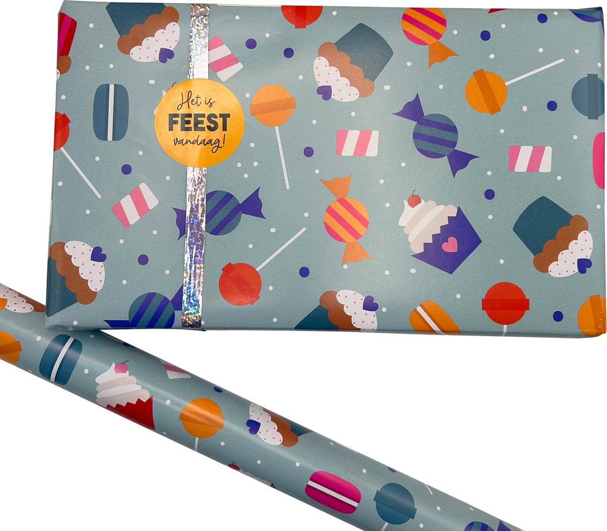 Inpakpapier Zoet - 2 rollen 70CM - Cadeaupapier - taart - snoep - Inpakken - Jongen - Meisje - Hippekaartjeswinkel