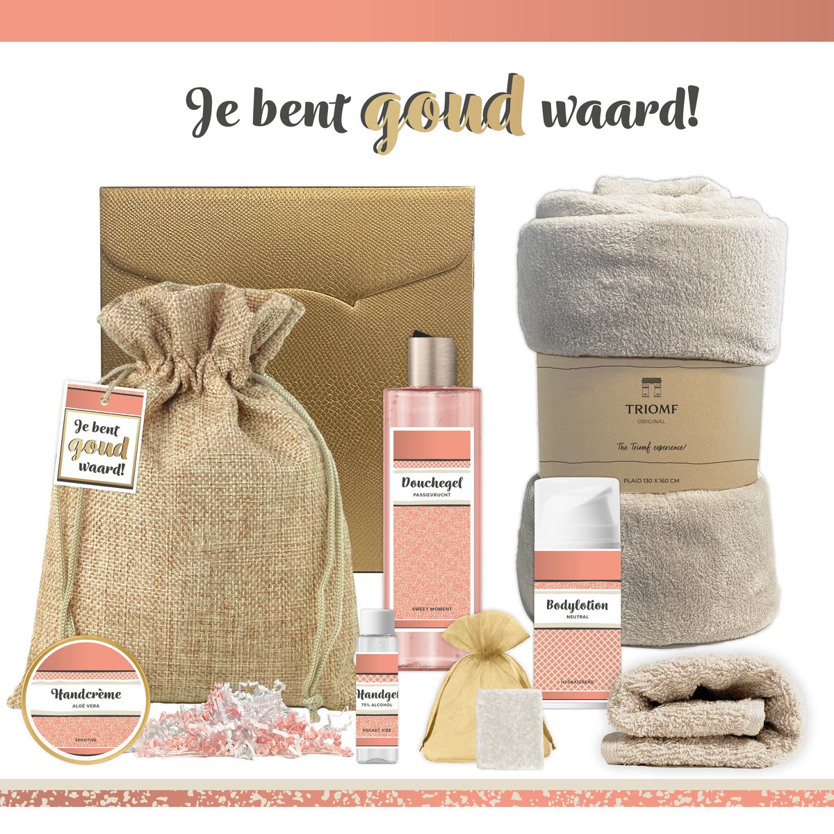Goedkoopste Geschenkset “Je bent goud waard!” - 8 producten - 1090 gram | Luxe Cadeaubox voor haar - Wellness Pakket Vrouw - Giftset Vriendin - Moeder - Cadeaupakket Collega - Cadeau Zus - Verjaardag Oma - Moederdag - Kerstpakket - Cadeau - Crème - Zalmroze