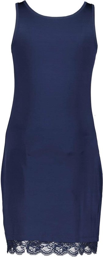 Donkerblauwe slipdress van DIDI met kanten rand aan de onderkant, achterkant.