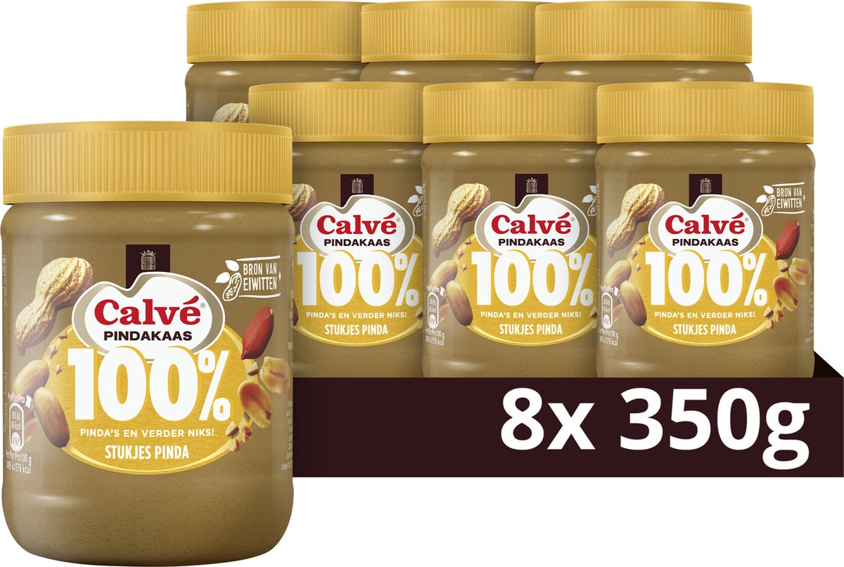 Calvé Pindakaas - 100% Stukjes Pinda - 8 x 350 g - Voordeelverpakking