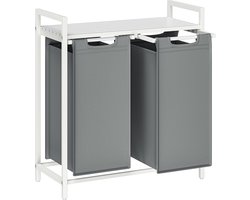 Hoppa! - Wasmand - 2 compartimenten, uittrekbare en verwijderbare waszakken - Metalen frame - 2 x 46 L - Wit & lichtgrijs