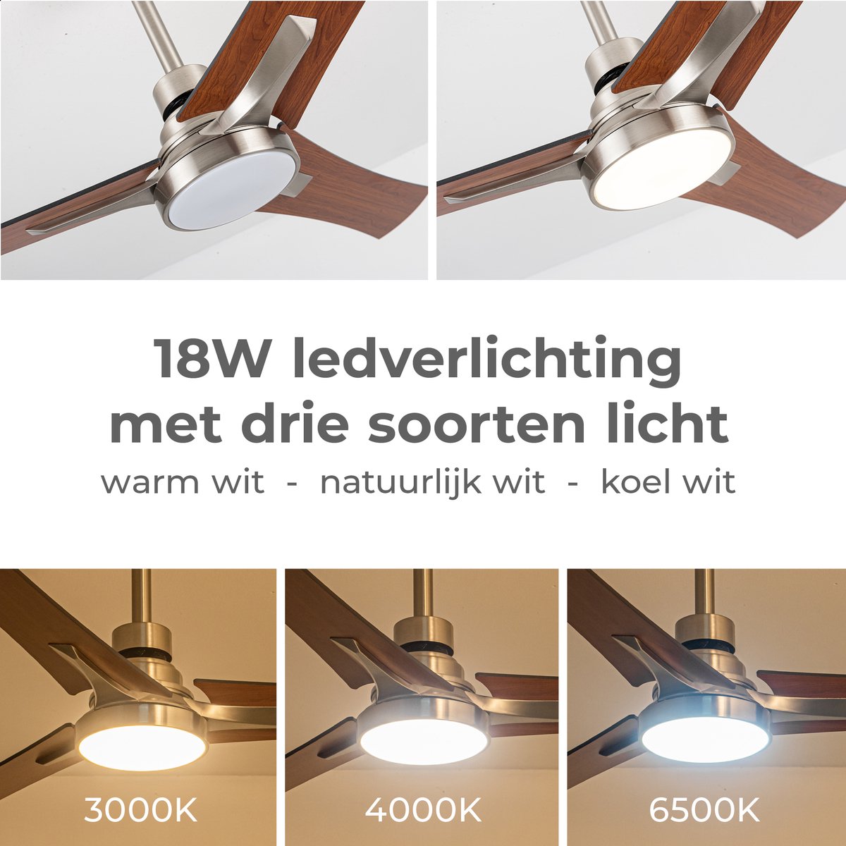 Goedewaere Plafondventilator - Met Afstandsbediening - Zilver - 2 Kleuren Bladen - Met lamp - Fluisterstil - Timer - Ideaal voor slaapkamer - Ventilator plafond - Verlichting - Plafondlamp thumbnail 3