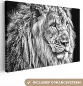 Toile Peinture Lion - Peinture Sur Toile - Lion - Animaux - Zwart - Cadre Bois - 120x80 cm - Décoration murale