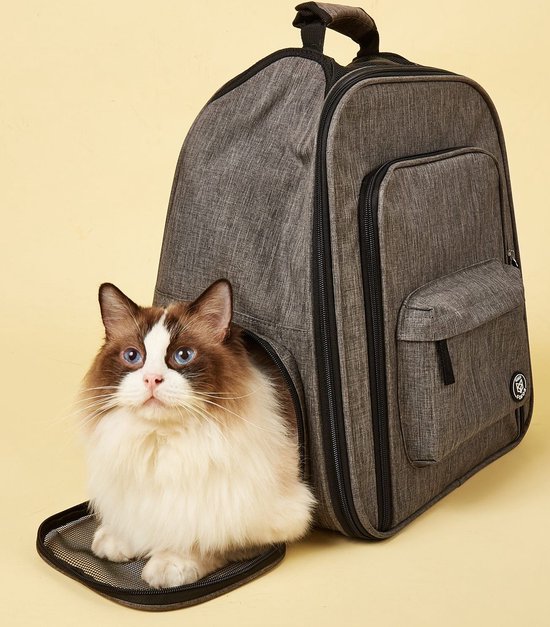 Grijze Fofos-rugzak met een bruin-witte langharige kat die uit het geopende zijpaneel kijkt.