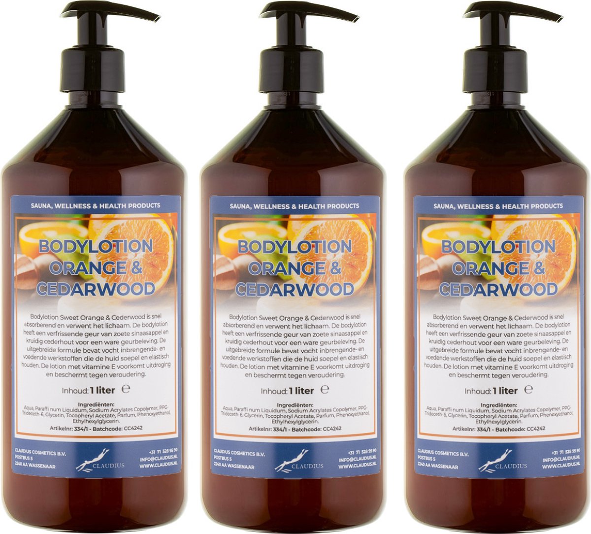Bodylotion Sweet Orange & Cedarwood 1 Liter - met gratis pomp - set van 3 stuks