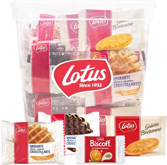 Foto: Lotus koekjesmix krokante wafels vanille chocolade bretons botergaletje en lotus speculoos gevuld vanille 66 stuks 738g