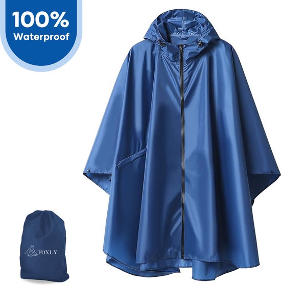 Foto: Foxly regen poncho unisex met rits fietsponcho dames heren waterdicht donkerblauw