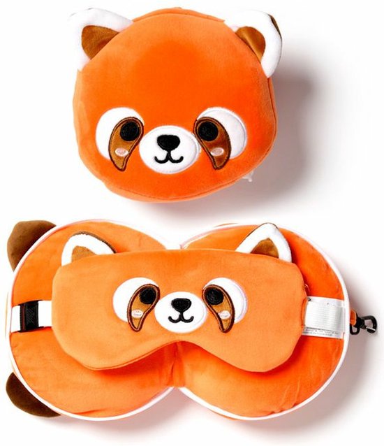 Rode Panda - Ronde Knuffel - Reiskussen & Slaapmasker - 3-in-1 voor kinderen - Knuffeldier - Kussen en slaapmasker voor onderweg, in het vliegtuig of in de auto